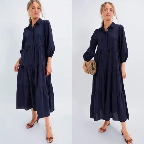 Pomander Place Navy Mabel Tiered Maxi Dress NWT Size L Puff Sleeve - Picture 2 of 11